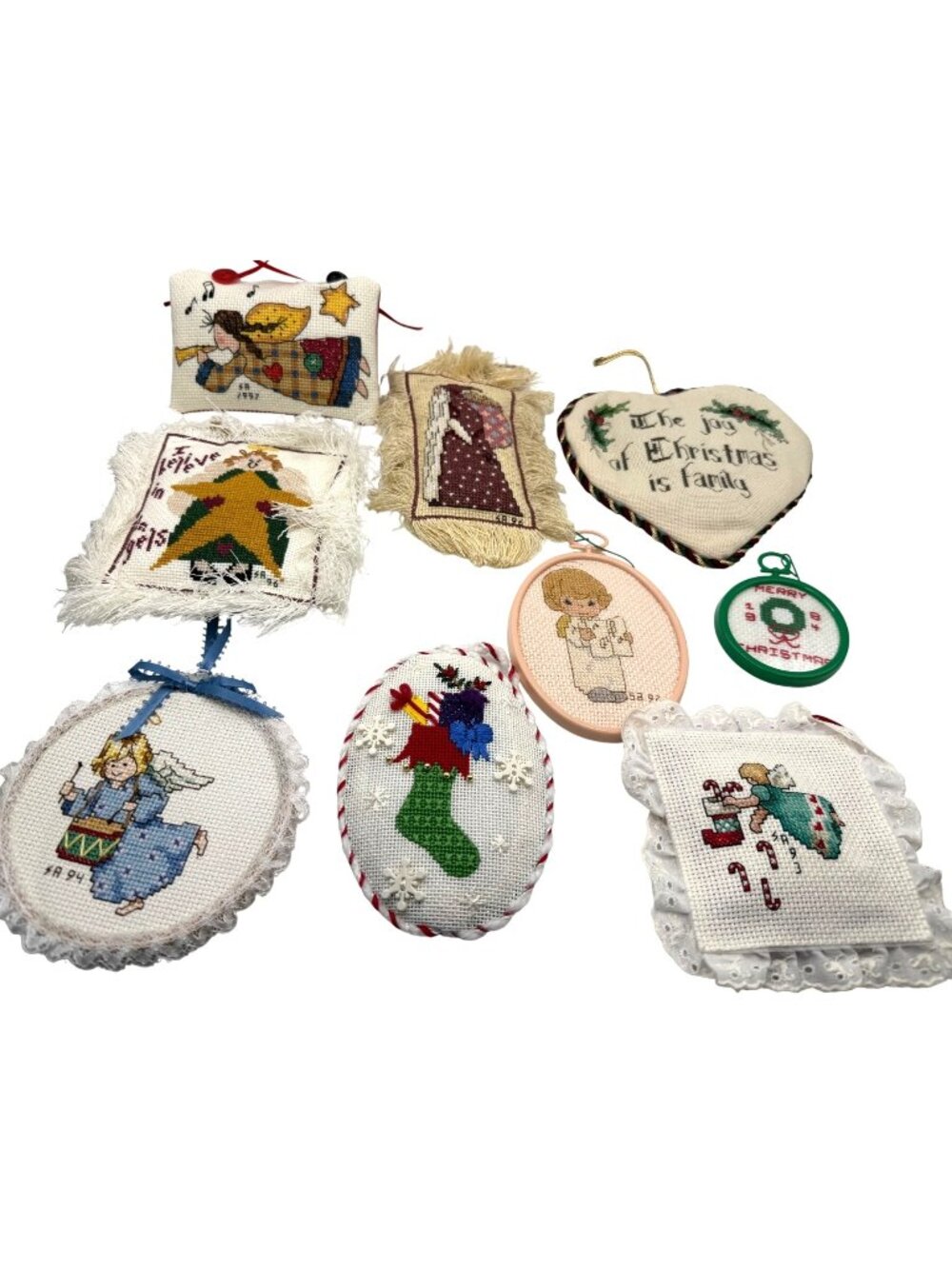 Vintage Christmas Ornaments Handcrafted Cross Stitch Cottagecore Set Of 9